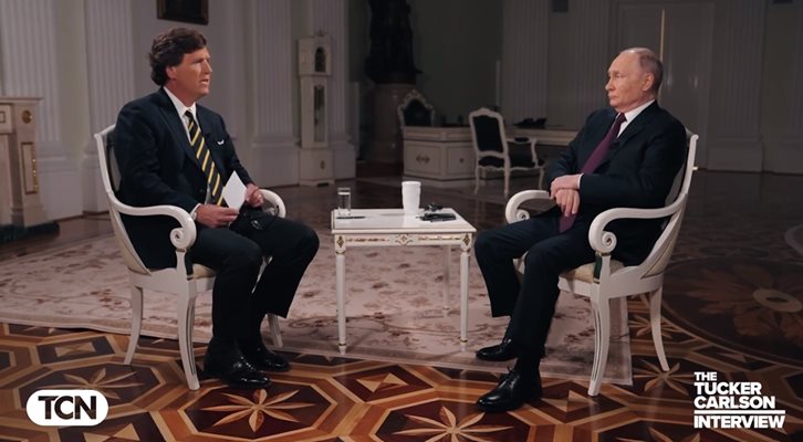 Тъкър Карлсън и Владимир Путин. Кадър: The Tucker Carlson Interview.