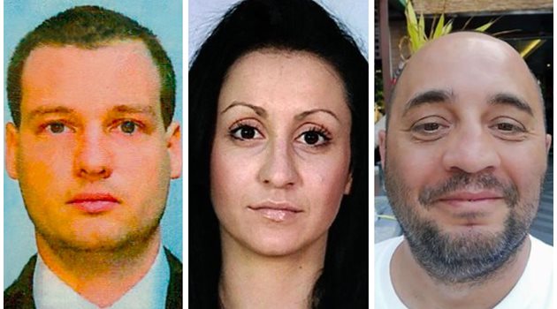 Задържаните българи са 45-годишният Орлин Русев (вляво), 41-годишният Бисер Джамбазов (вдясно) и 31-годишната Катрин Иванова.