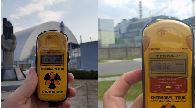 Нивото на радиация до 4-ти реактор в централата през 2019 г. (вляво) и преди 4 години.