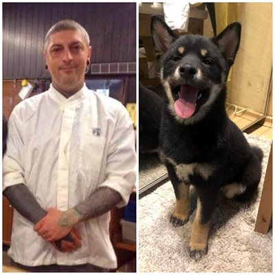 Шеф-готвачът Петър Михалчев  и 4-месечното кученце Ози.