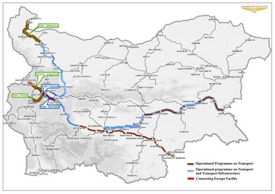 Железопътните проекти в България. В кафяво са тези, които бяха финансирани от старата ОП “Транспорт”, в синьо - проектите по новата програма, и в червено - за които се кандидатства по “Свързана Европа”.