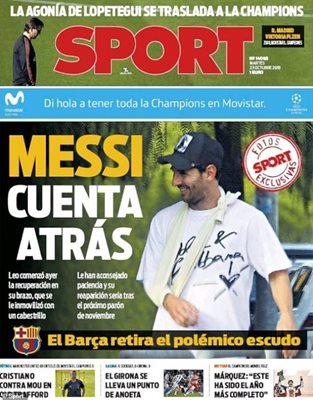 Това е първата страница на каталунския вестник "Спорт".