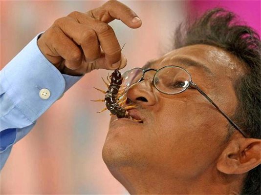 Тайландецът Калауек Срикхаймук показва как е правилно да се ядат насекоми.