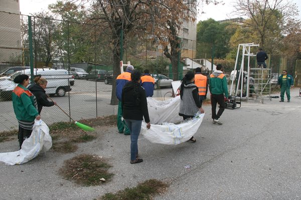 В асфалтовата настилка на игрището е поникнала трева.