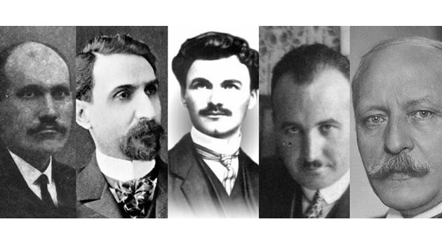 От ляво надясно - Марко Турлаков, Александър Малинов, Петър Янев, Димитър Пешев и Никола Мушанов