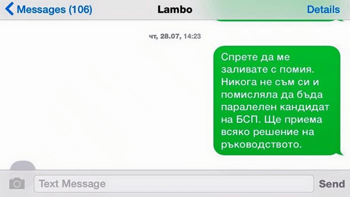 Манолова пусна във фейсбук "снимка" на екрана на телефона си със есемеса до Ламбо.