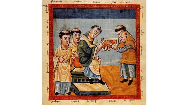Храбан Мавър подарява свои стихове на папа Григорий IV - старинна гравюра 