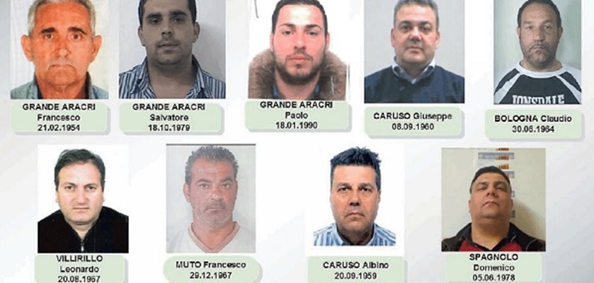 Арестуваните "бизнесмени" от клана Гранде Аракри.  В левия ъгъл долу - собственикът на фирма в България Леонардо Вилирило. Илюстрация: La Repubblica