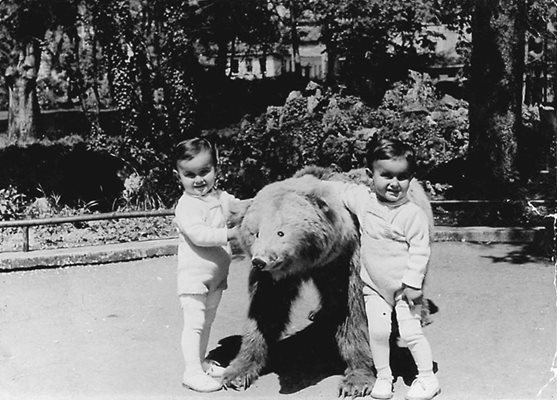 Малките Благовест и Светослав Аргирови в  Пловдив позират за снимки, прегърнали голяма препарирана мечка. 
СНИМКА: ЛИЧЕН АРХИВ