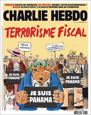 Френското сатирично списание “Шарли ебдо” посвети корицата на новия си брой на скандала с досиетата от Панама. Карикатурата е озаглавена “Фискален тероризъм”. Изобразени са богаташи, издигнали табели със станалия известен от Париж и Брюксел слоган :“Аз съм Панама”.