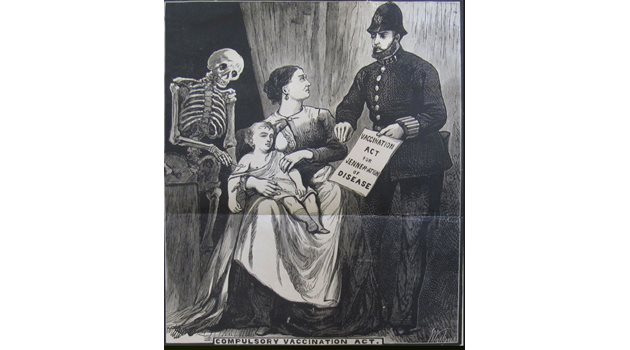 "Смъртта прави ваксинация" - пропаганден плакат на Лигата на антиваксърите в Лондон от края на ХІХ век