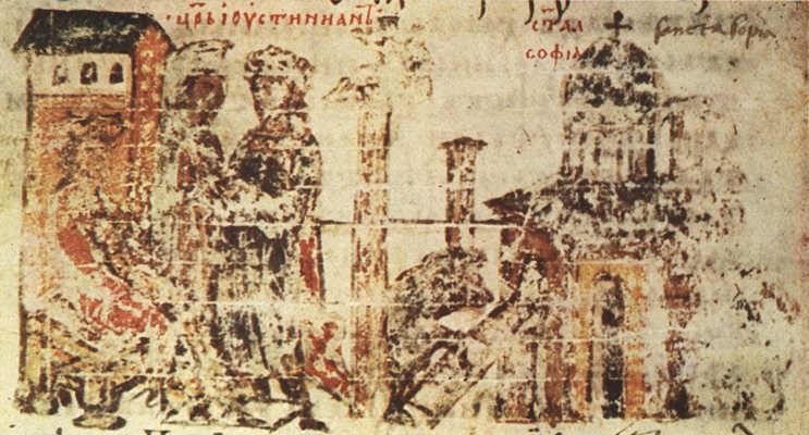 Строителството на църквата, илюстрация в Манасиевата хроника от XIV век