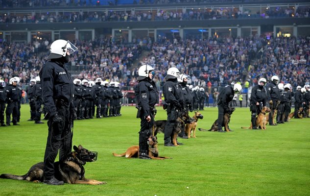 Полицаи с кучета са обградили подстъпите на сектора с фенове на "Щутгарт" на стадиона в Хамбург след края на мача. Снимка: Ройтерс