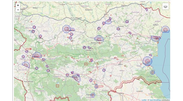 Интерактивната карта, която показва зоните, които са забранени за дронове в България.