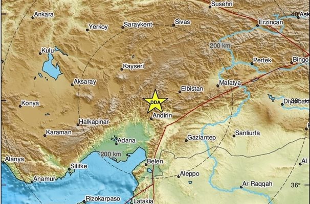Първото земетресение от 4,6 по Рихтер е с епицентър на 56 км от окръг Кахраманмараш СНИМКИ: EMSC