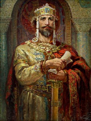 Цар Симеон I заложил на кирилицата от практични съображения - че е по-лесна.
Картината с образа на владетеля е на художника Димитър Гюдженов.