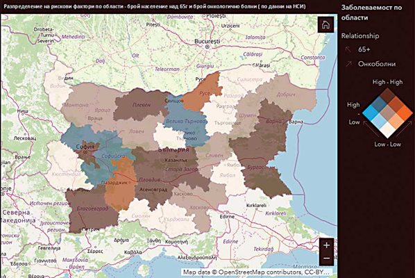 Тази карта, разпространена от правителството, оценява риска от тежки случаи на коронавируса. По-тъмният цвят означава по-висок риск. Оценяват се факторите възраст на населението и ниво на онкозаболяванията.