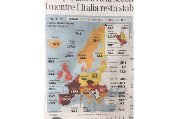 Факсимиле от “Кориере дела сера” с броя заразени на всеки 100 000 души в Европа
