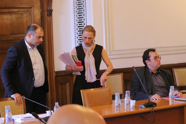 Като шеф на правната дирекция на НС Ива Митева участваше в заседанията на правната комисия. На снимката е с Филип Попов от БСП и Христиан Митев от ОП.