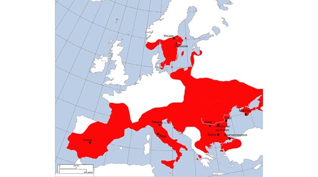 Карта на  преселението на готите  из Европа в Античността  и Средновековието.