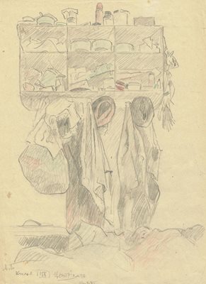 Александър Божинов, „Килия № 158, централен затвор“, 16.02.1945 г., цветни моливи, хартия, 28,5 х 21 см; подпис и дата долу ляво.