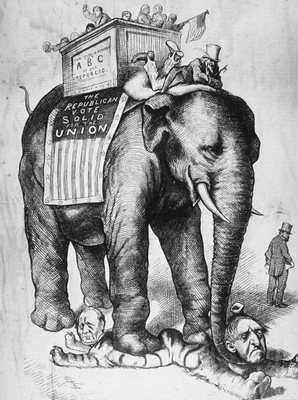 Републиканският вот през 1876 г. е представен като Чичо Сам, яздещ слон, който тъпче тигър, представляващ демократите.