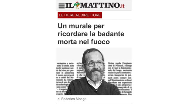 Факсимиле от в.“Матино”, в който в рубриката "Писма до главния редактор" искат да се посвети стенопис на сграда в Неапол на българката