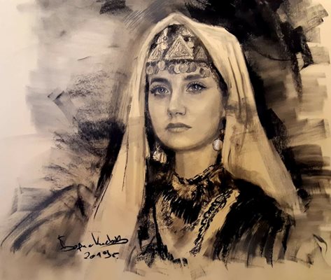 Сестрата на Аника - Каролина, нарисувана с въглен от майстора на Родопите Борис Кисьов