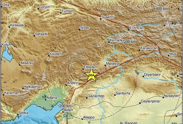 Земетресението е регистрирано в 19:49 ч. българско време СНИМКА: EMSC