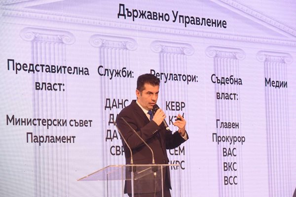 Кирил Петков говори пред Общото събрание на ПП със слайдове.