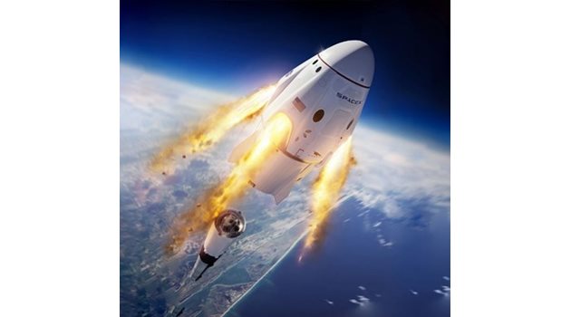 Капсулата Dragon, която ще се отдели от ракетата Falcon 9. Илюстрация: SpaceX