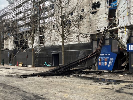 The facade of the burnt-out Copenhagen Stock Exchange partially collapsed PHOTO: Reuters