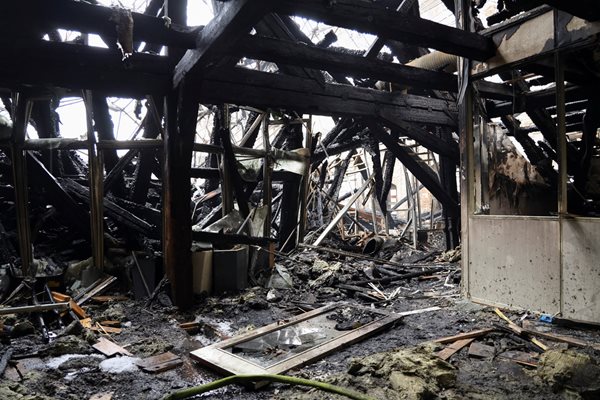 The facade of the burnt-out Copenhagen Stock Exchange partially collapsed PHOTO: Reuters