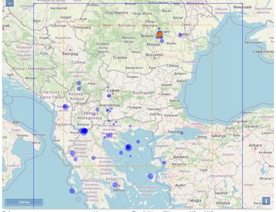 Карта на земетресенията вчера на Балканския полуостров