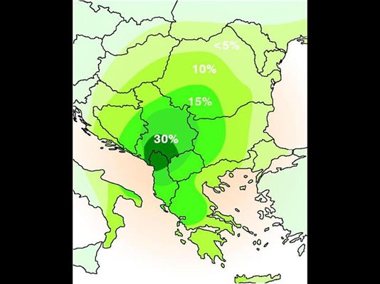 Възникване и разпространение на "балканския" клон на мъжката линия Е.
Колкото по-наситен е цветът, толкова е по-близо до епицентъра на възникването на хаплогрупата и толкова по-голямо е разпространението й сред населението.