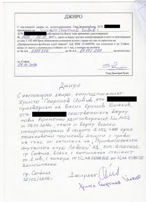 Документът, официализиран от компанията на Васил Божков, от който става ясно, че Христо Йовов е бил в ролята на собственик на ПФК “Левски” АД, но е джиросал получените от Спас Русев акции на Васил Божков. А той от своя страна впоследствие ги прехвърля на своя партньор Георги Попов, който официално бе представен като притежател на 86,6% от “Левски” на 6 март 2019 г.