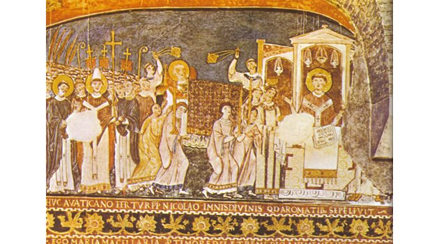 Св. св. Кирил и Методий донасят мощите на св. Климент в Рим - фреска от ХI век в базиликата "Сан Клементе".