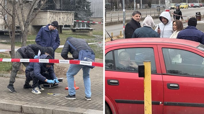 Криминалисти обработват местопрестъплението, а нападателката е в черваната кола с полицай Снимки: Даниел Думев