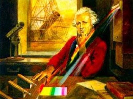 Уилям Хершел с опитната установка, с която открива невидимо за окото излъчване след червения цвят на спектъра. По-късно то е наречено инфрачервено.