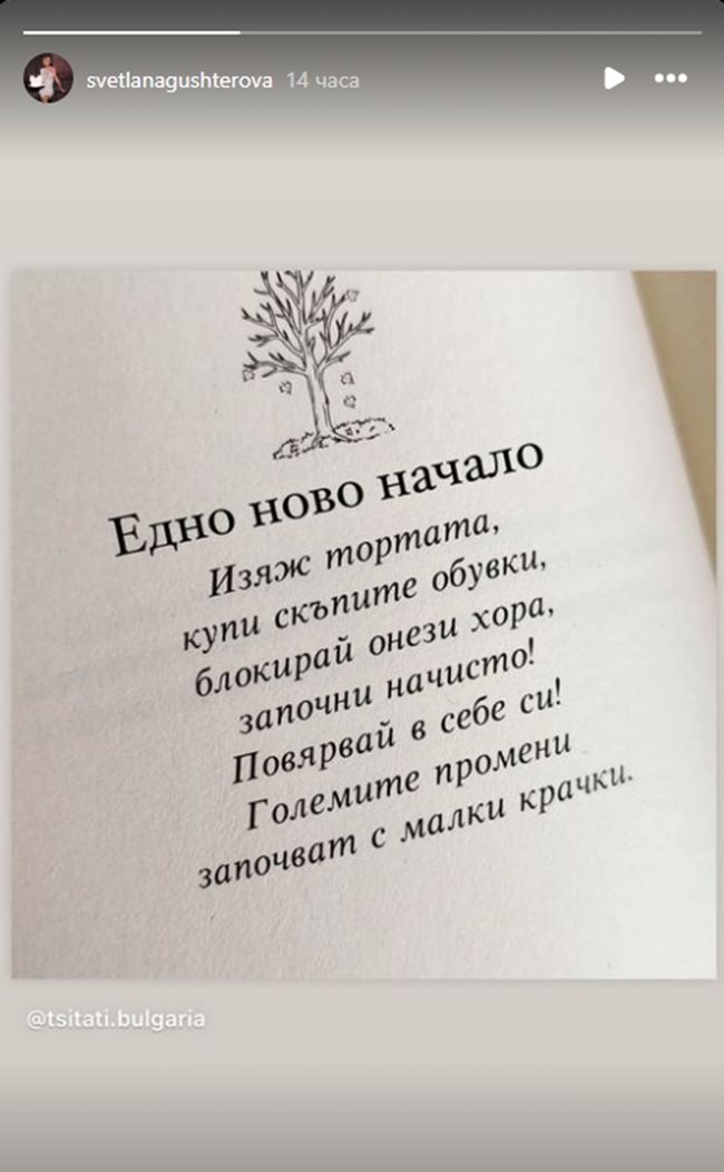 Скрийншот на каченото от Гущерова стори в профила й в инстаграм.