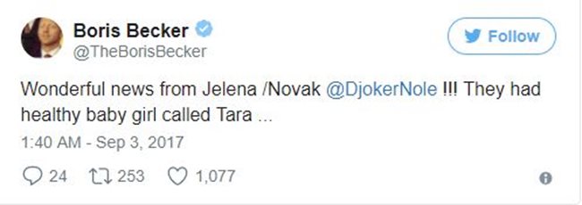 Радостната новина съобщи в туитър бившият треньор на Джокович Борис Бекер.