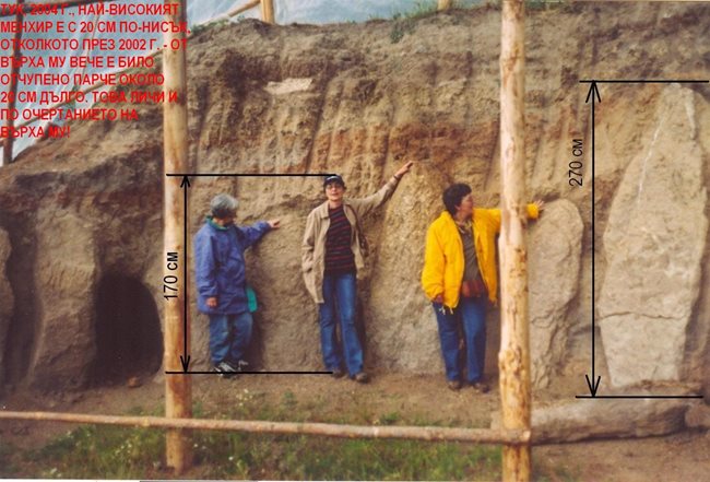 Така е изглеждал паметникът малко след откриването му, като Любомир Цонев и колегите му са се снимали до камъните, за да покажат височината им.