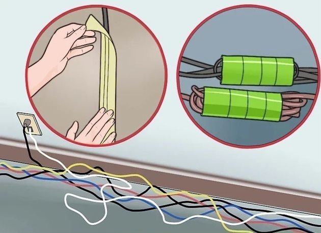 Залепете всички висящи кабели към стената или крака на бюрото, така той няма на привлича вниманието на котето. Може да прикрепите кабелите заедно.
