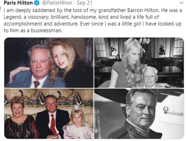 Парис Хилтън качи колаж в туитър в памет на починалия си дядо 