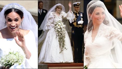 Има ли прилика между сватбените рокли на принцеса Даяна, Кейт и Меган? (снимки)