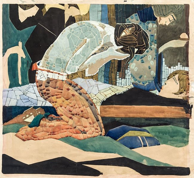 Иван Милев (1897 – 1927) - "Задушница", 1923 г., гваш, златен бронз, хартия, 32,6 х 48,4 см 
