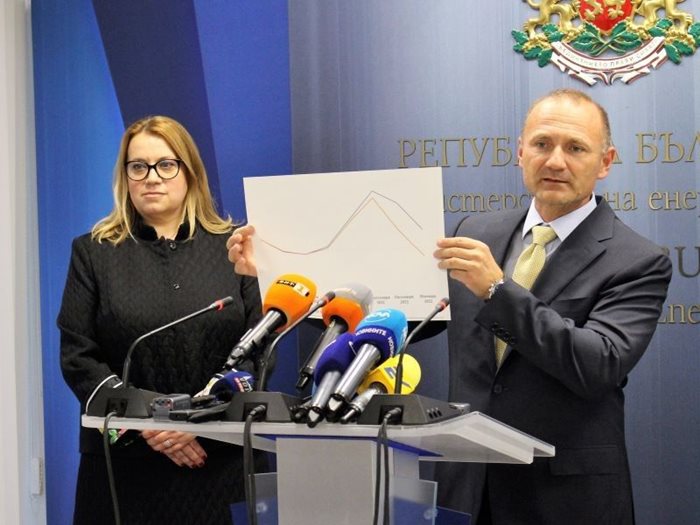 Министърът на енергетиката Росен Христов и изпълнителния директор на "Булгаргаз" Деница Златева показват графиката на борсовите цени и тези на "Булгаргаз" с отстъпката.