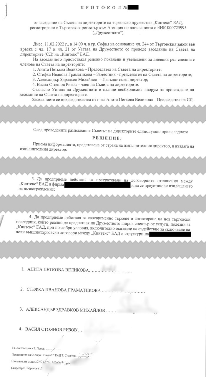 Протокола с решението на Съвета на директорите на „Кинтекс“, с което договора и плащанията към офшорката се прекратяват