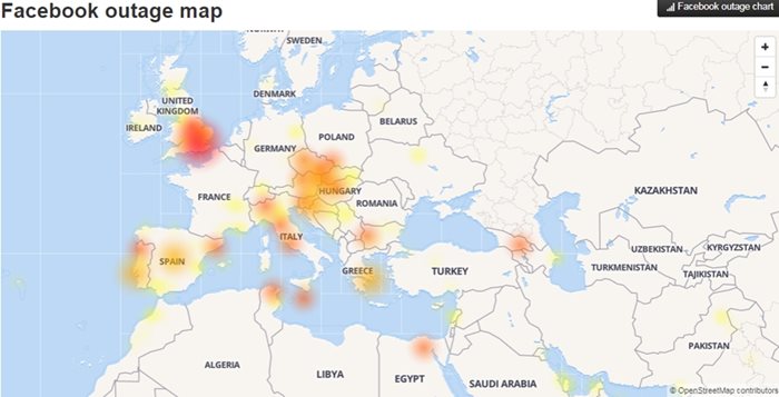 Проблемът бе докладван от хиляди потребители по света. С червено на картата са отбелязани сигналите, подадени в Европа.