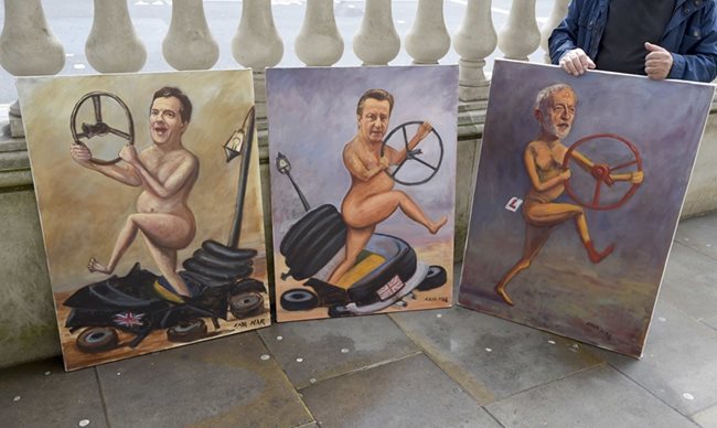 Карикатури на Джордж Озбърн, Дейвид Камерън и Джеръми Корбин след излизането на Великобритания от ЕС